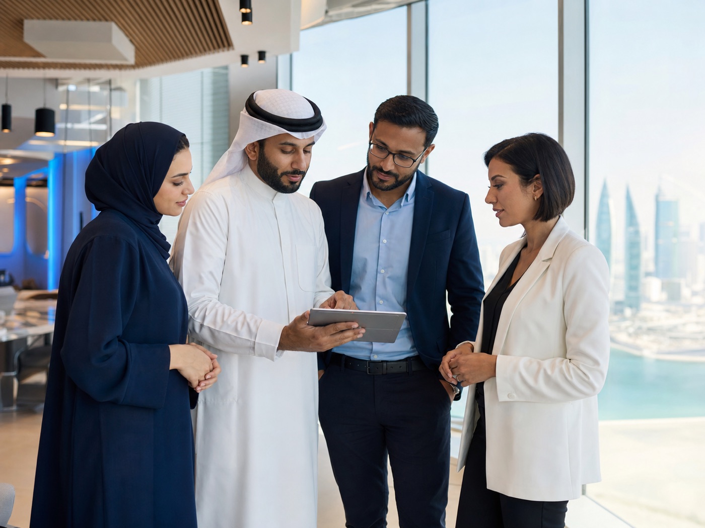 Technology professionals collaborating around a tablet